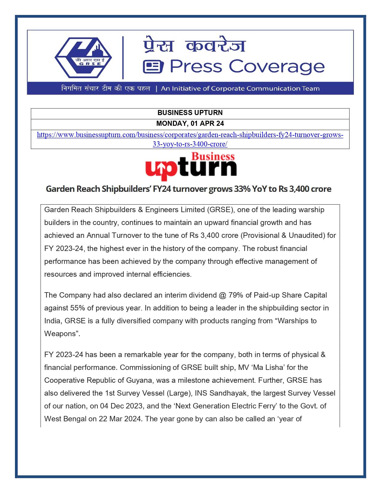 Press Coverage : Business Upturn, 01 Apr 24 : Garden Reach Shipbuilders FY 24 turnover grows 33% YoY to Rs 3400 Crore